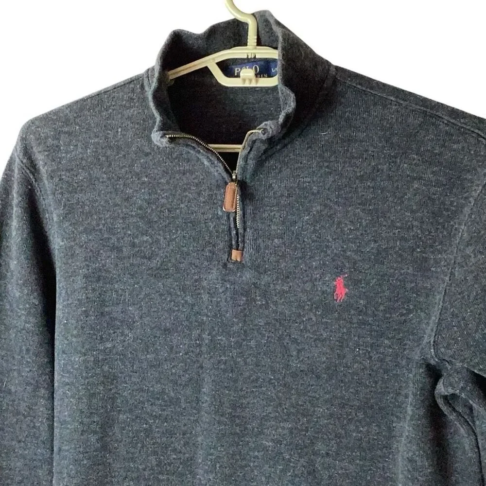 Polo Ralph Lauren Men’s Gray Cotton Quarter Zip Sweater Red Pony Sz Large Heavyw